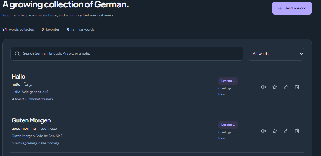 Deutsch Journey vocabulary collection with German words, English and Arabic translations, and example sentences
